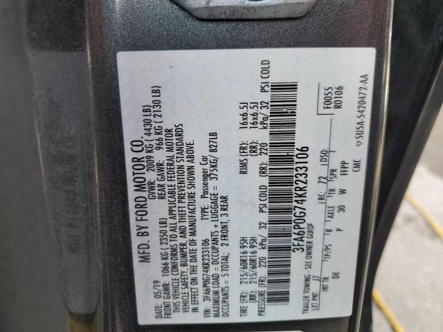 2019 FORD FUSION S 3FA6P0G74KR233106