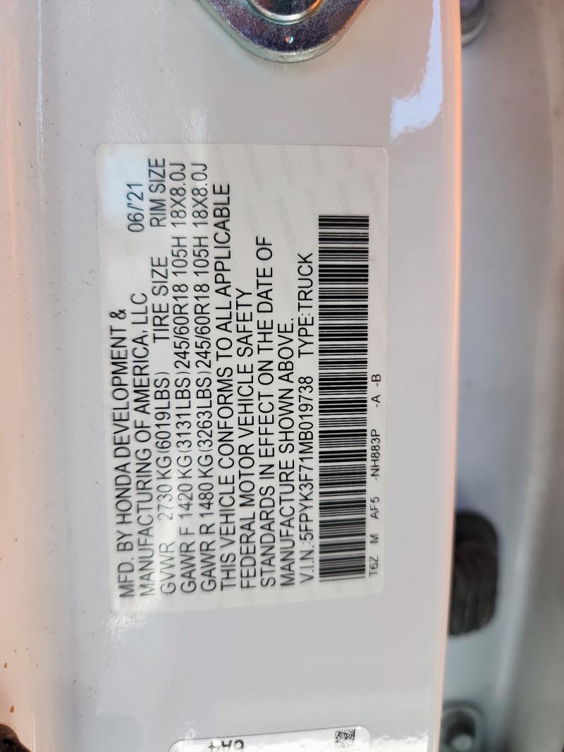 2021 HONDA RIDGELINE - 5FPYK3F71MB019738