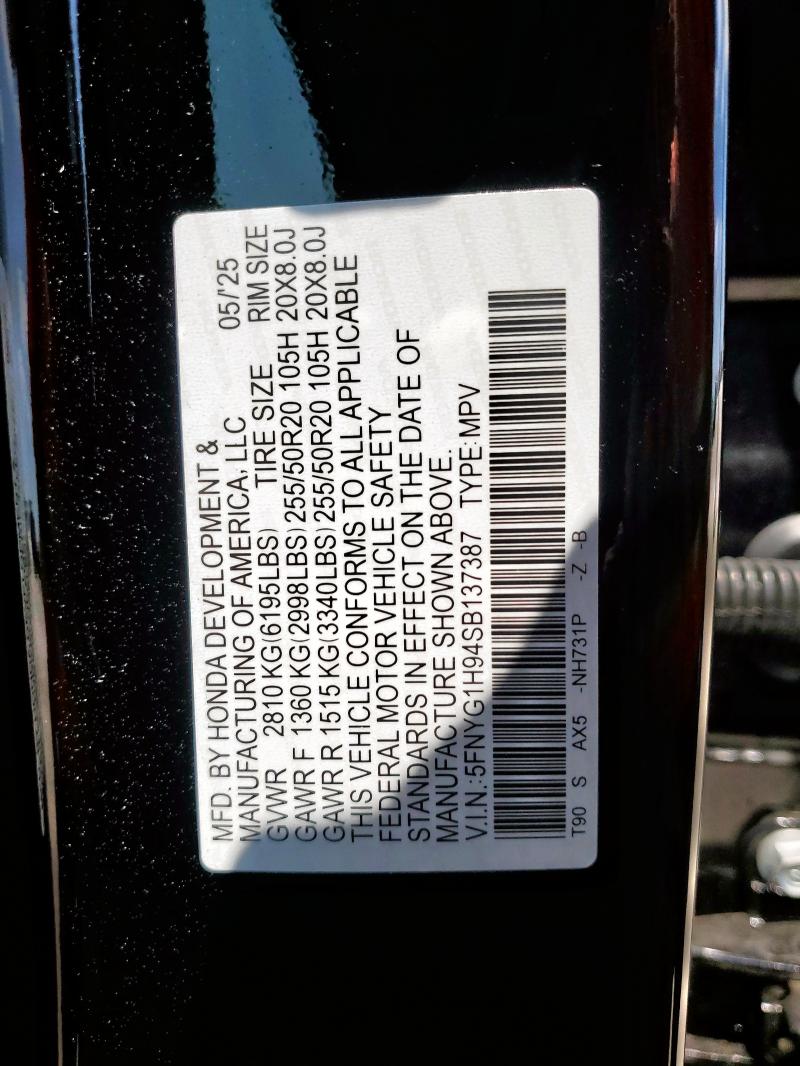 2025 HONDA PILOT BLAC 5FNYG1H94SB137387