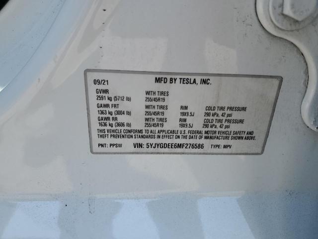 2021 TESLA MODEL Y 5YJYGDEE6MF276586