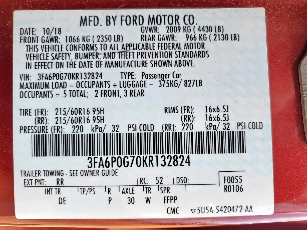 2019 FORD FUSION S - 3FA6P0G70KR132824
