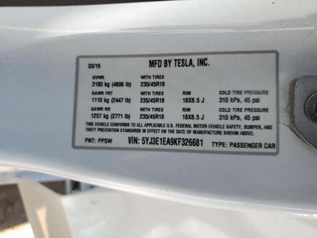 2019 TESLA MODEL 3 5YJ3E1EA9KF326681
