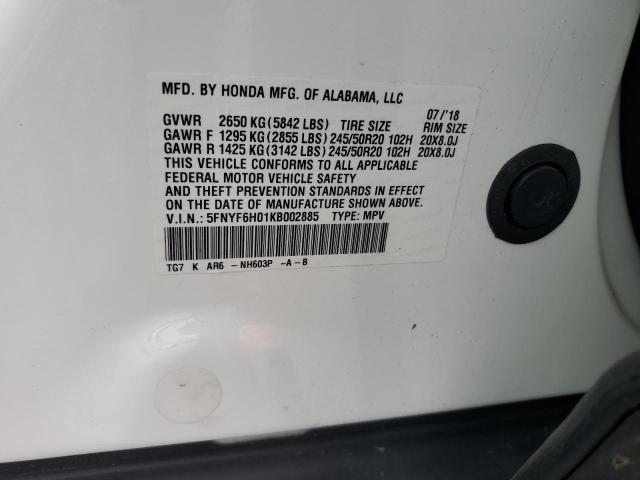2019 HONDA PILOT ELITE 5FNYF6H01KB002885