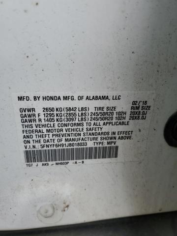 2018 HONDA PILOT TOUR 5FNYF6H91JB018033