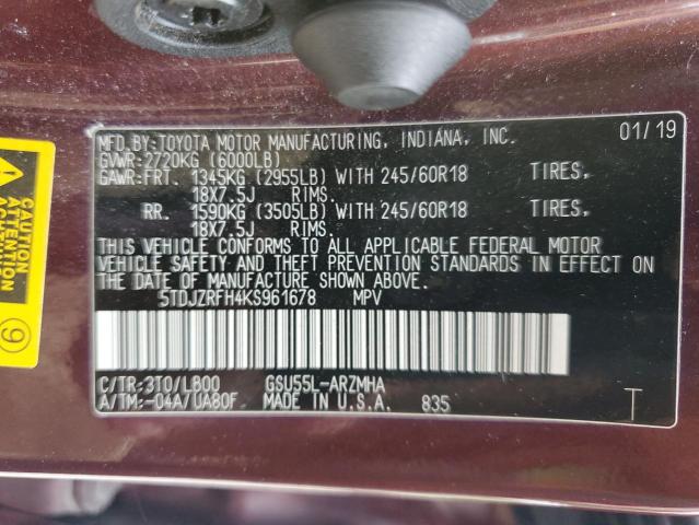 2019 TOYOTA HIGHLANDER SE 5TDJZRFH4KS961678