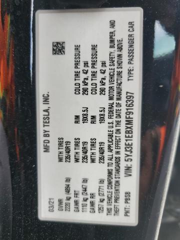 2021 TESLA MODEL 3 5YJ3E1EBXMF916397