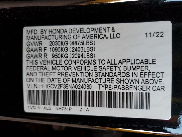 2022 HONDA ACCORD SPO 1HGCV2F38NA024030