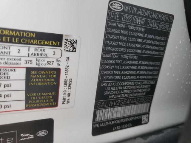 2022 LAND ROVER RANGE ROVE - SALWV2SE4NA239223