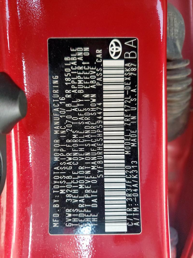 2017 TOYOTA COROLLA L 5YFBURHE5HP594474