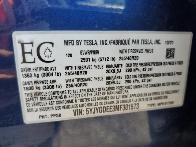 2021 TESLA MODEL Y 5YJYGDEE3MF301573