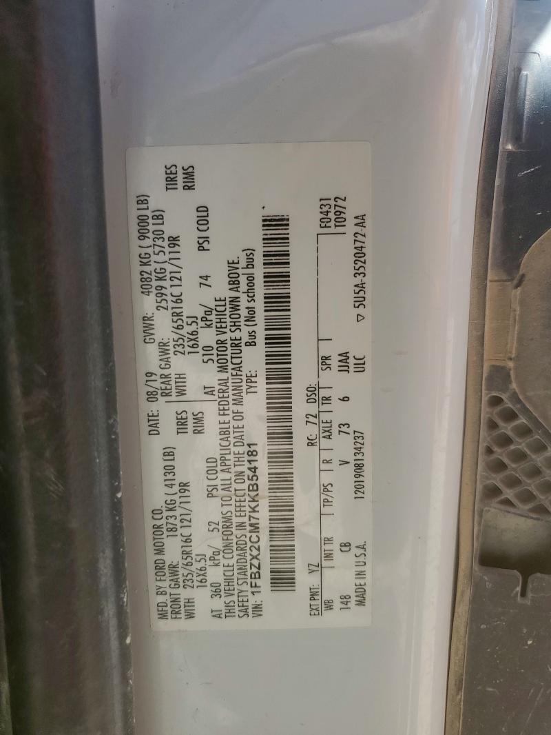2019 FORD TRANSIT T-350 1FBZX2CM7KKB54181