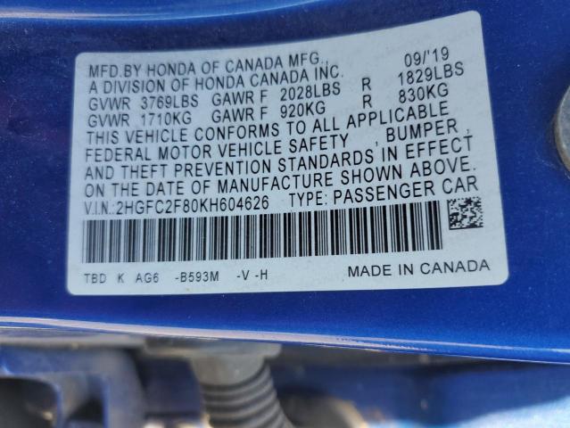 2019 HONDA CIVIC SPORT 2HGFC2F80KH604626
