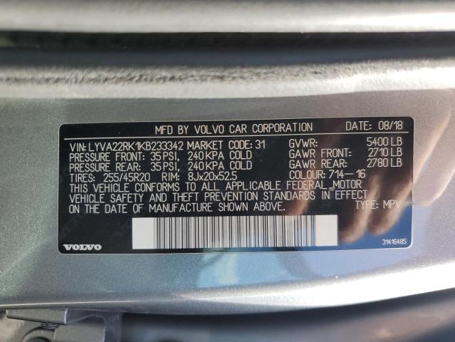 2019 VOLVO XC60 T6 MO LYVA22RK1KB233342