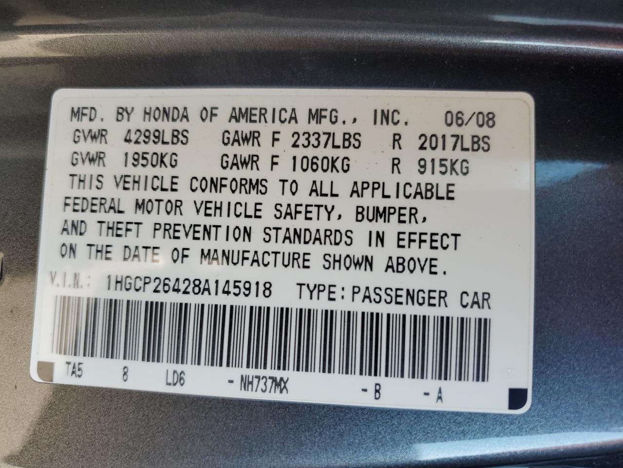 Lot #3223271579 2008 HONDA ACCORD LXP