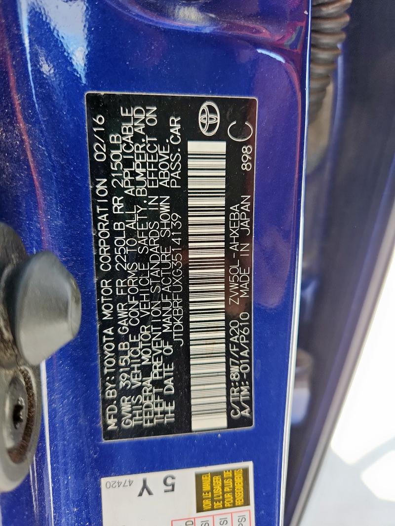 2016 TOYOTA PRIUS JTDKBRFUXG3514139