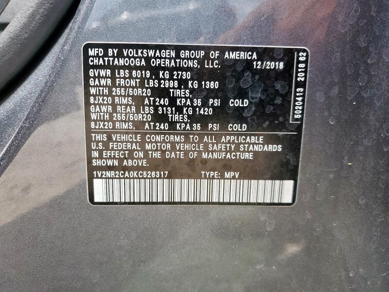 2019 VOLKSWAGEN ATLAS SEL 1V2NR2CA0KC526317