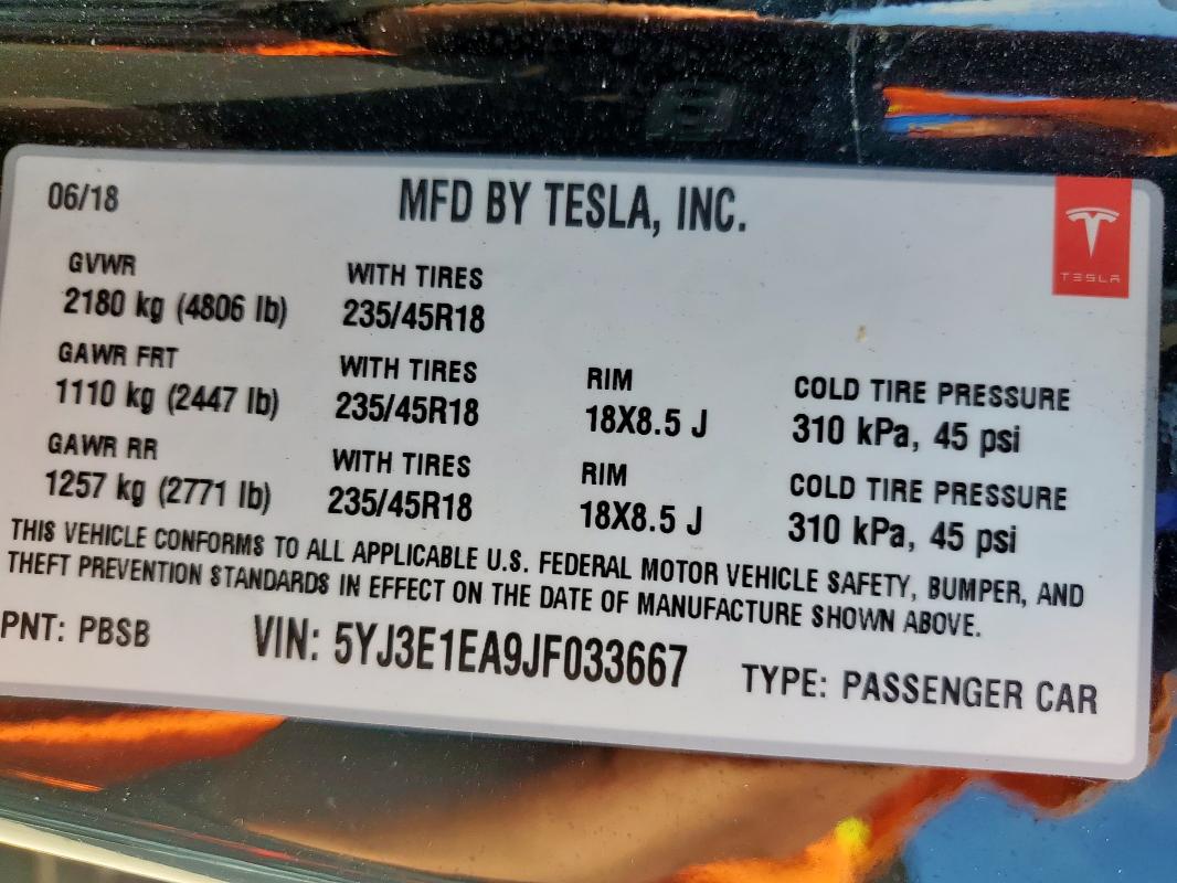 2018 TESLA MODEL 3 5YJ3E1EA9JF033667