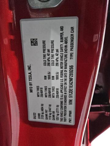 2022 TESLA MODEL 3 5YJ3E1EA2NF289266