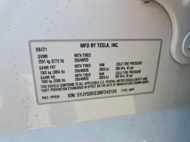 2021 TESLA MODEL Y 5YJYGDEE3MF243156