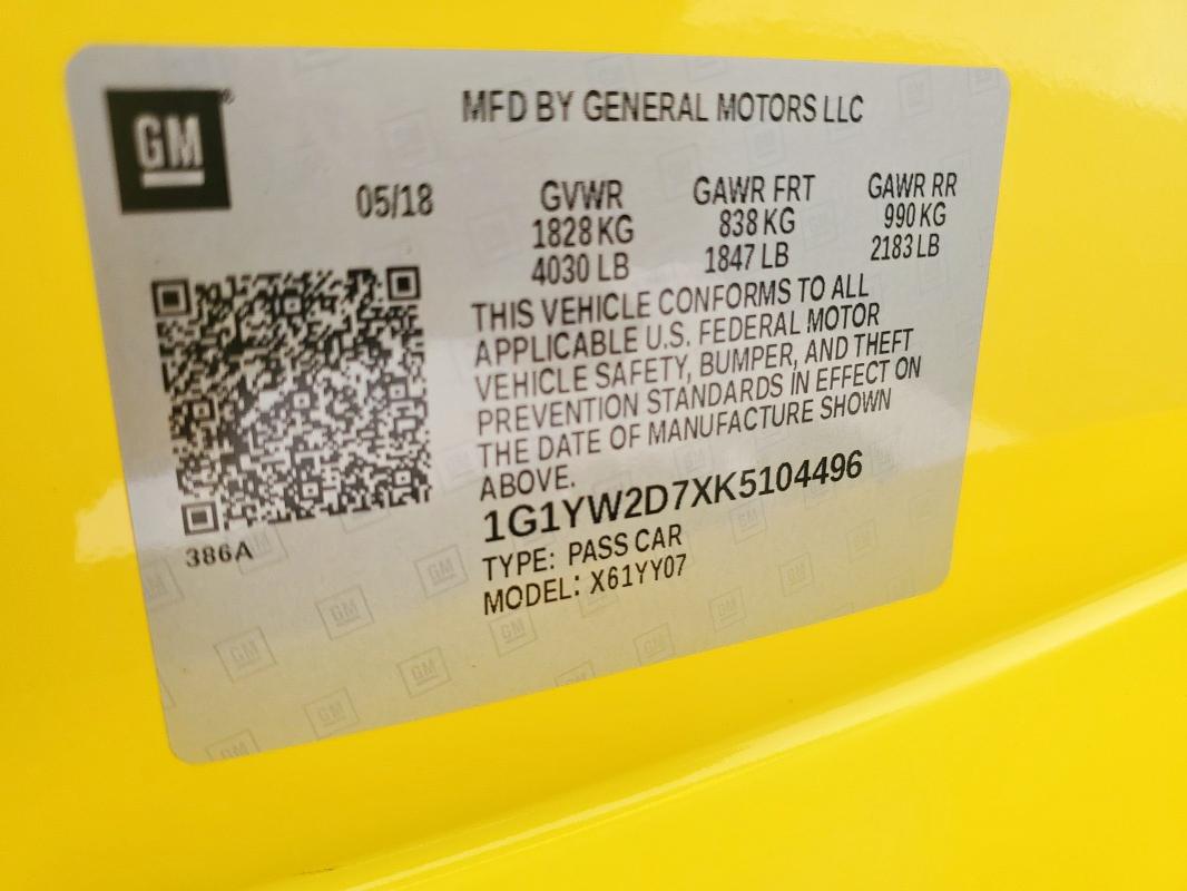 2019 CHEVROLET CORVETTE G 1G1YW2D7XK5104496