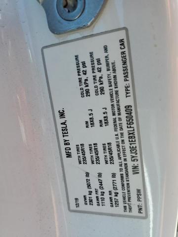 2020 TESLA MODEL 3 5YJ3E1EBXLF650409