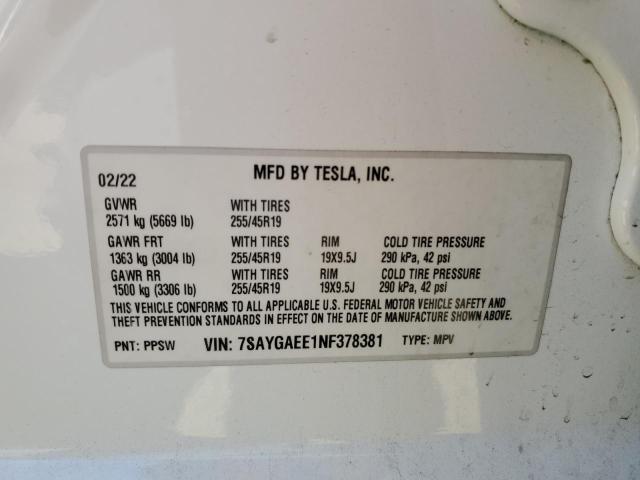 2022 TESLA MODEL Y 7SAYGAEE1NF378381