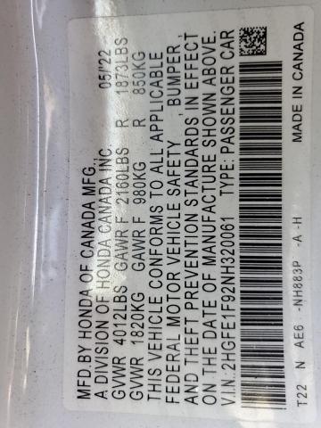 2022 HONDA CIVIC TOUR 2HGFE1F92NH320061