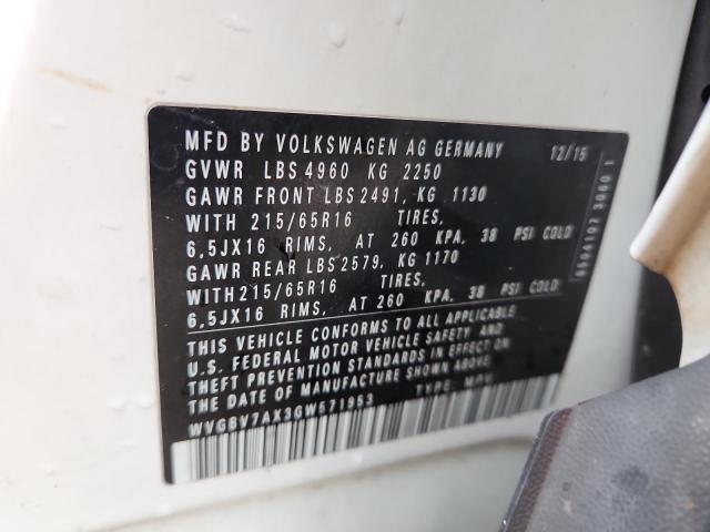 2016 VOLKSWAGEN TIGUAN S WVGBV7AX3GW571953
