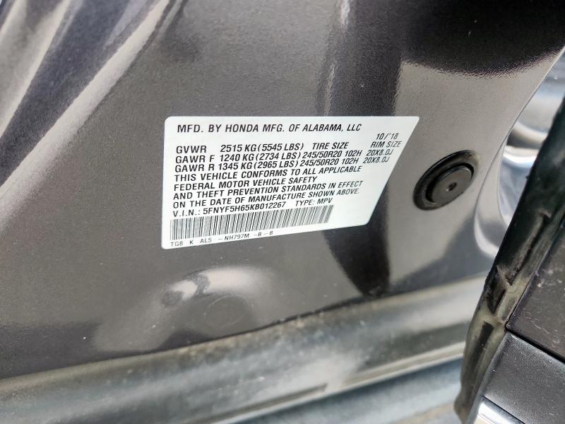 2019 HONDA PILOT TOUR 5FNYF5H65KB012267