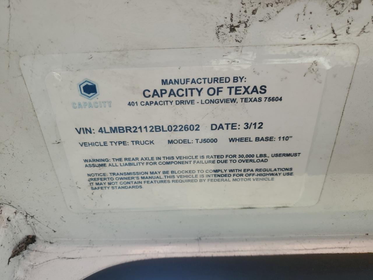 Lot #3296381720 2011 CAPACITY TJ5000