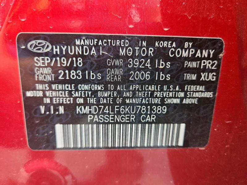 2019 HYUNDAI ELANTRA SE KMHD74LF6KU781389