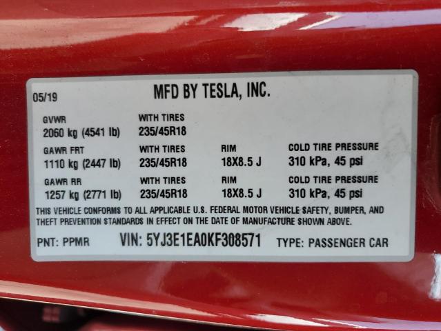 2019 TESLA MODEL 3 5YJ3E1EA0KF308571