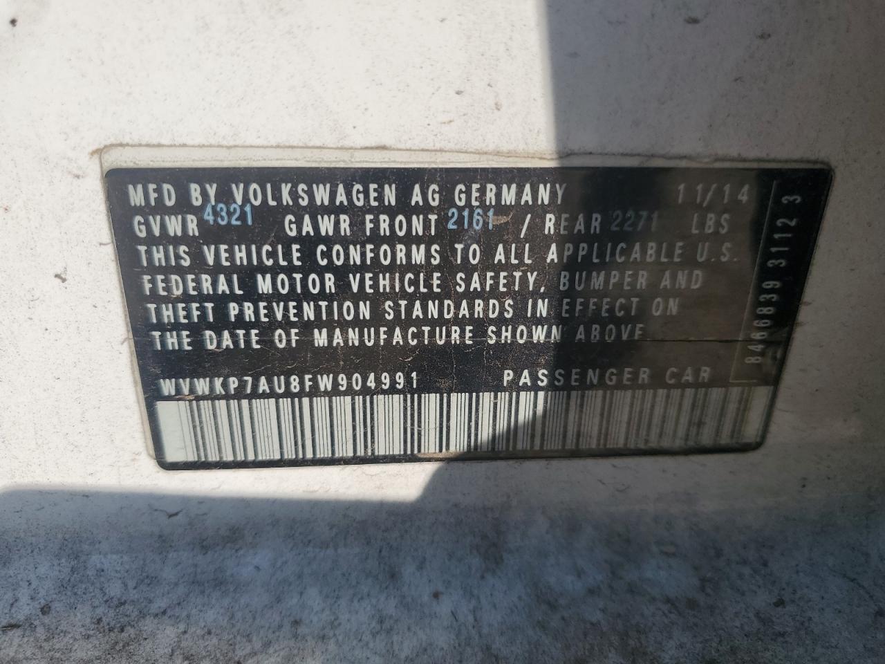 Lot #3283833435 2015 VOLK E-GOLF LIMITED