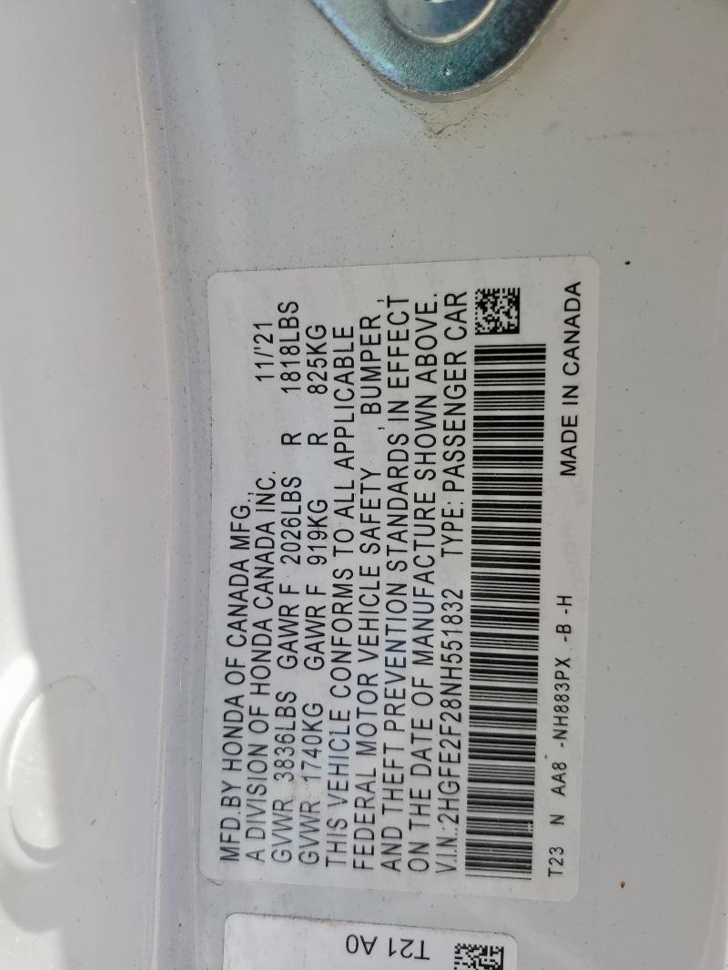 2022 HONDA CIVIC LX 2HGFE2F28NH551832