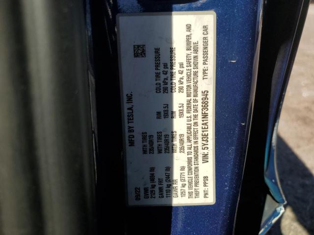 2022 TESLA MODEL 3 5YJ3E1EA1NF368945