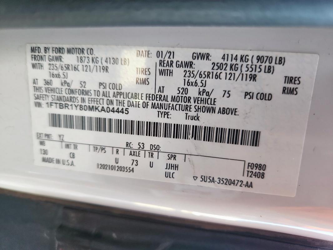 2021 FORD TRANSIT CARGO VAN T- 1FTBR1Y80MKA04445