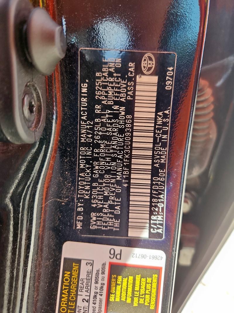 2012 TOYOTA CAMRY BASE - 4T1BF1FK3CU093868