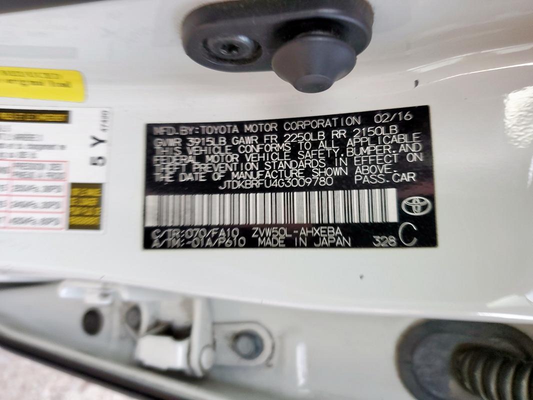 2016 TOYOTA PRIUS JTDKBRFU4G3009780