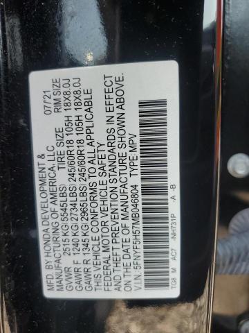 2021 HONDA PILOT EXL 5FNYF5H57MB046804