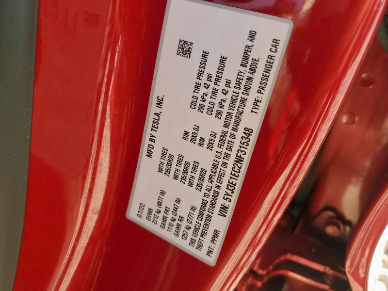 2022 TESLA MODEL 3 5YJ3E1EC2NF315348