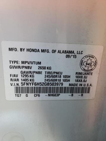 2016 HONDA PILOT EXL 5FNYF6H52GB503979