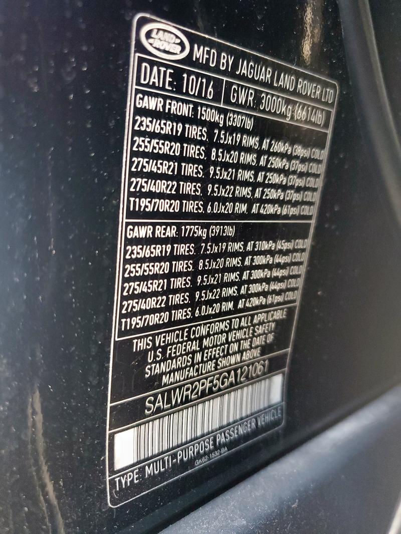 2016 LAND ROVER RANGE ROVE SALWR2PF5GA121061