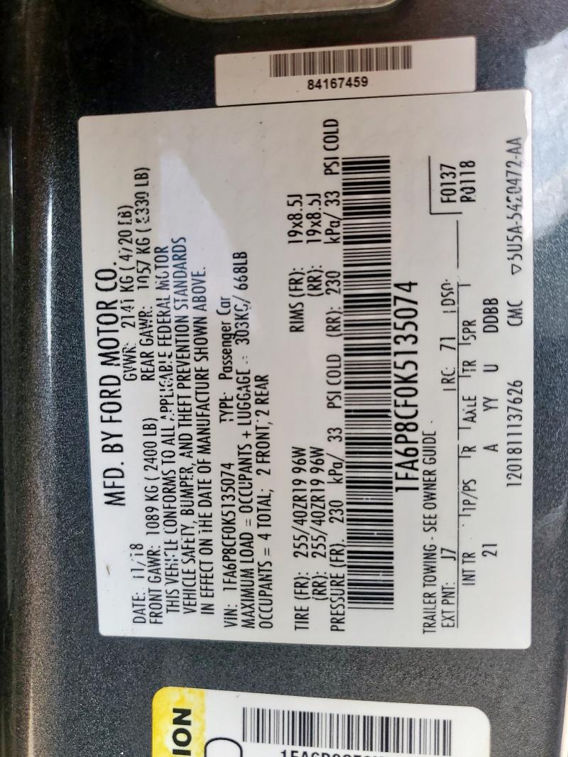 2019 FORD MUSTANG GT - 1FA6P8CF0K5135074