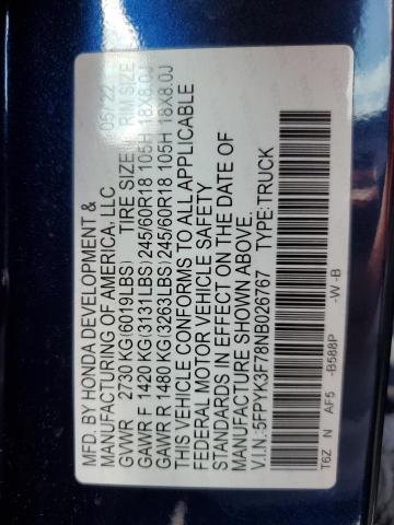 2022 HONDA RIDGELINE RTL 5FPYK3F78NB026767