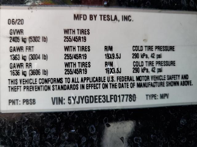2020 TESLA MODEL Y 5YJYGDEE3LF017780