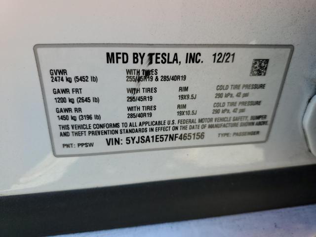 2022 TESLA MODEL S 5YJSA1E57NF465156