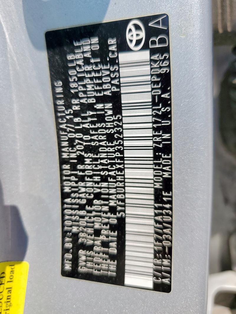2015 TOYOTA COROLLA L 5YFBURHEXFP352325
