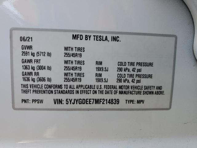 2021 TESLA MODEL Y 5YJYGDEE7MF214839