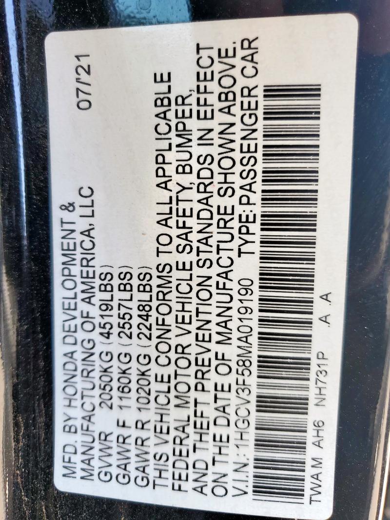 2021 HONDA ACCORD HYBRID EXL 1HGCV3F58MA019190