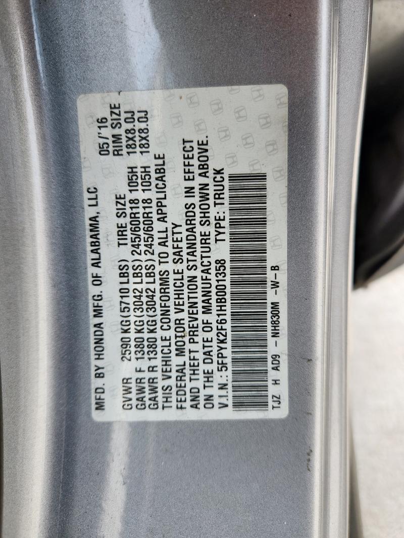 2017 HONDA RIDGELINE - 5FPYK2F61HB001358